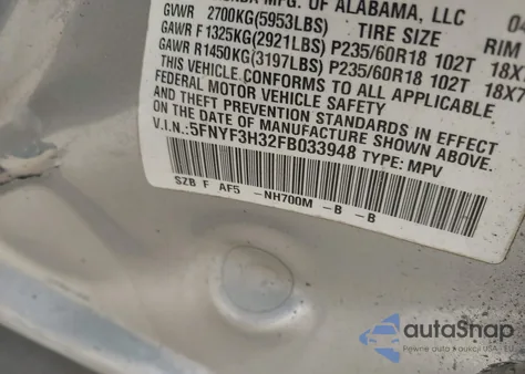 2015 Honda Pilot Se z USA, uszkodzony, nr VIN 5FNYF3H32FB033948